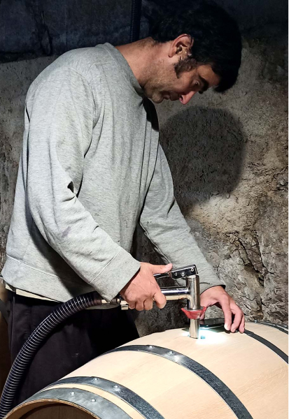 Tranajador llenando barril de vino